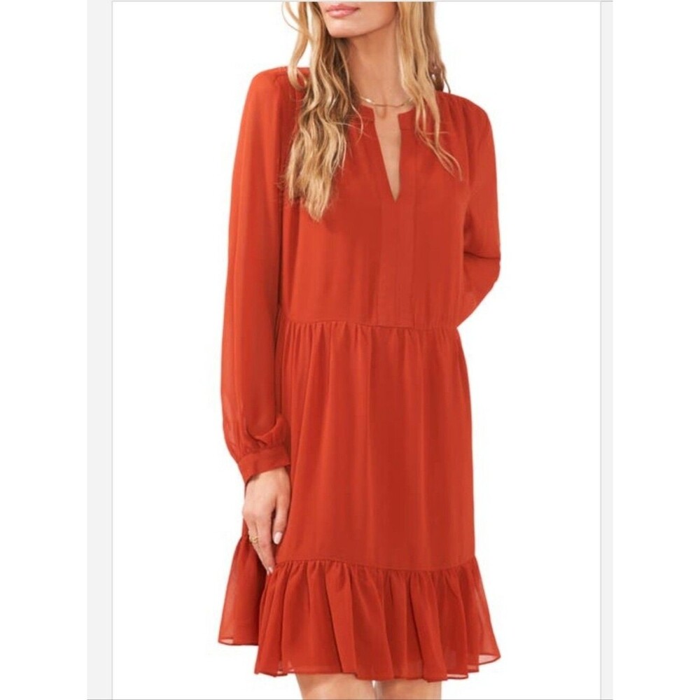 Womens Rust Long-Sleeve V-Neck Ruffle Hem Dress NWT Size SMALL